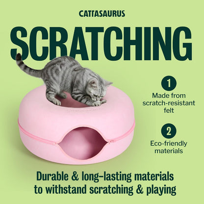 Peekaboo Cat Cave Donut for Multiple & Large Cats up to 30-45 lbs, 3-in-1 Self Warming Cat Bed, Tunnel & Scratcher for Indoor Cats, Washable & Detachable Small Dog Bed (Pink, Large)