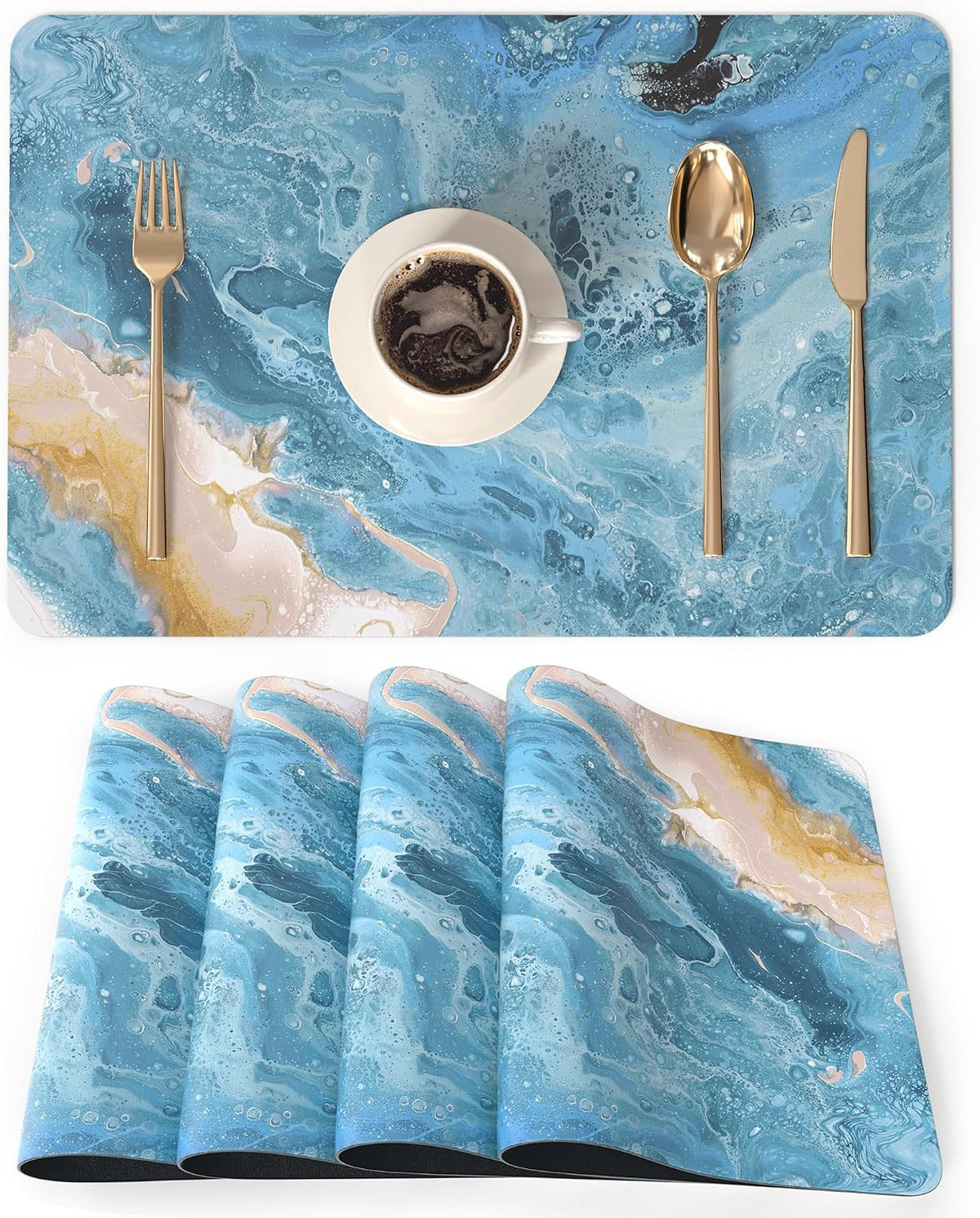 PU Leather Placemats Set of 4, 12"x18" Waterproof Table Mats, Seafoam