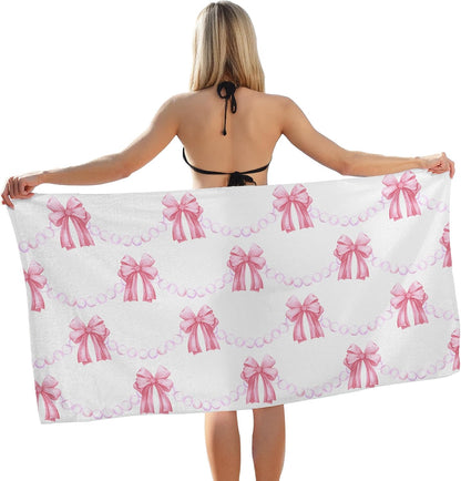 Coquette Pink Bow Beach Towel, Preppy Girls Bath Towels, Pink Bow Gifts for Women, Preppy Girly Aesthetic Pool Swim Towels for Girls Bathroom Decor, 60x30 Inches