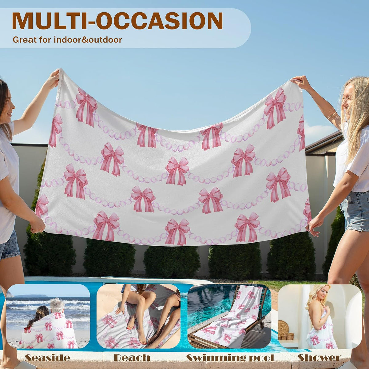 Coquette Pink Bow Beach Towel, Preppy Girls Bath Towels, Pink Bow Gifts for Women, Preppy Girly Aesthetic Pool Swim Towels for Girls Bathroom Decor, 60x30 Inches