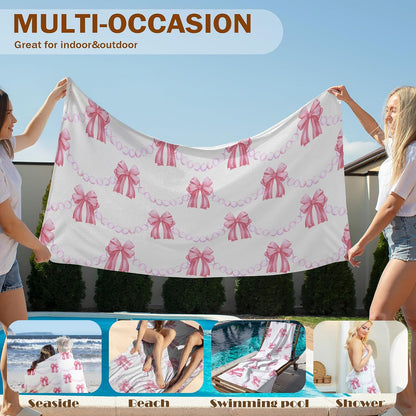 Coquette Pink Bow Beach Towel, Preppy Girls Bath Towels, Pink Bow Gifts for Women, Preppy Girly Aesthetic Pool Swim Towels for Girls Bathroom Decor, 60x30 Inches