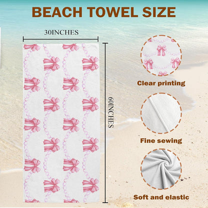Coquette Pink Bow Beach Towel, Preppy Girls Bath Towels, Pink Bow Gifts for Women, Preppy Girly Aesthetic Pool Swim Towels for Girls Bathroom Decor, 60x30 Inches