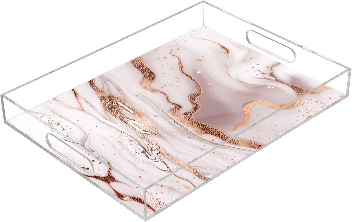 Marble Gold Pink Serving Tray Acrylic Decorative Trays 16" x 12" Serving Platter with Handles for Coffee Table, Dessert Party, Bathroom Vanity Countertop