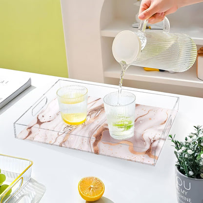 Marble Gold Pink Serving Tray Acrylic Decorative Trays 16" x 12" Serving Platter with Handles for Coffee Table, Dessert Party, Bathroom Vanity Countertop