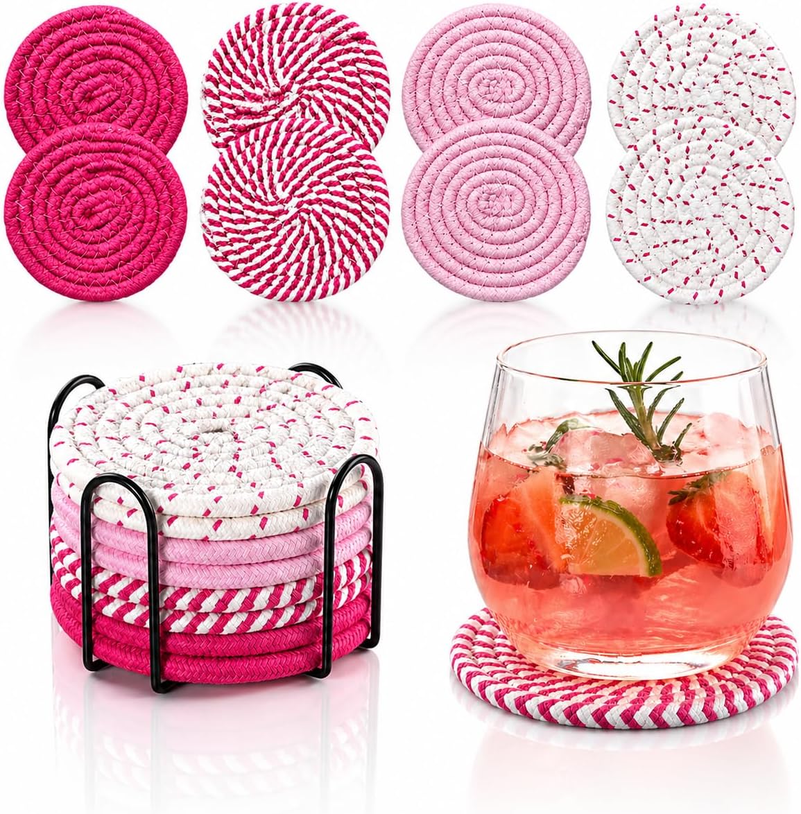 Absorbent Drink Coaster Set with Holder, Fabric Coasters for Coffee Table, Non Slip Reusable Cup Mats for Hot & Cold Drinks (Pink)