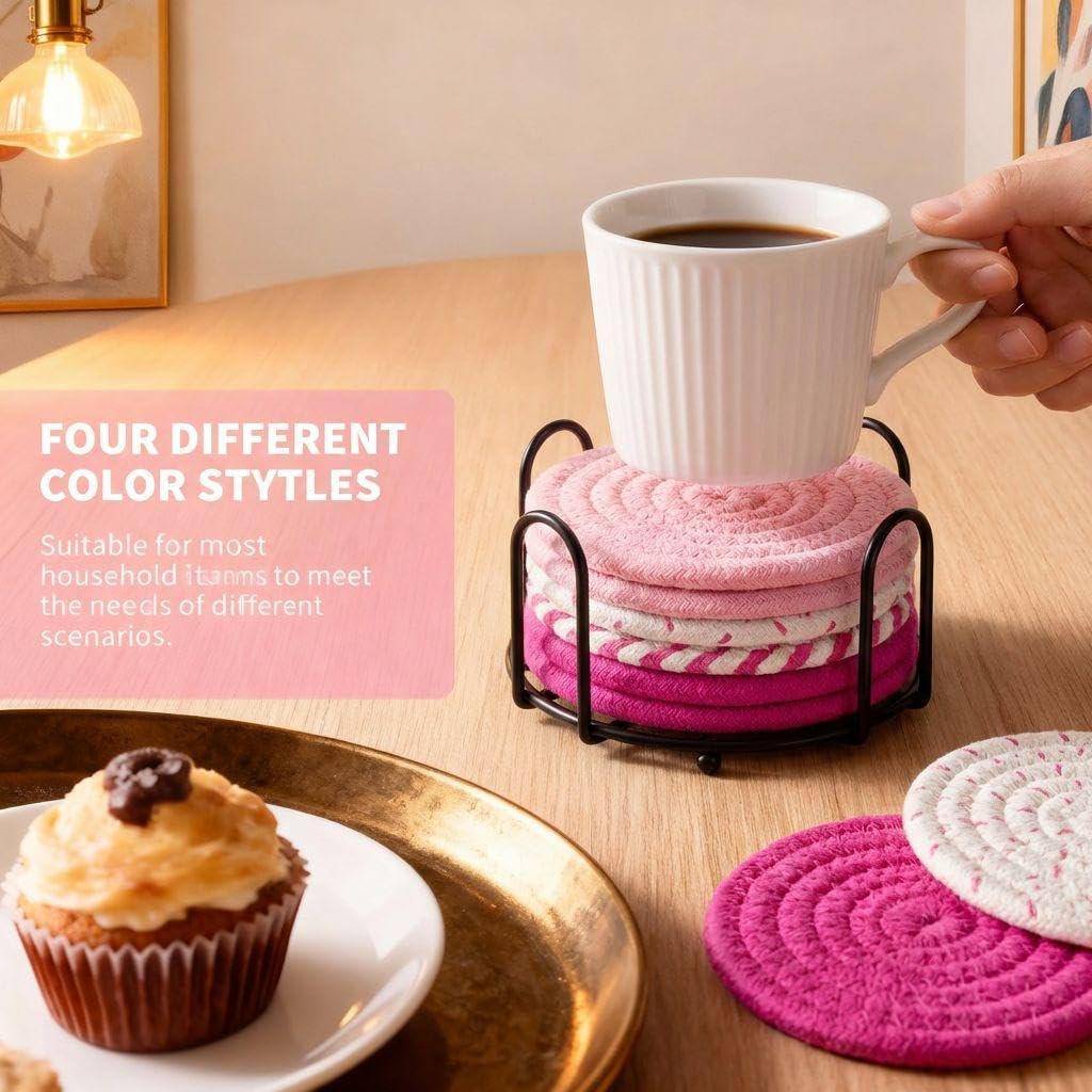 Absorbent Drink Coaster Set with Holder, Fabric Coasters for Coffee Table, Non Slip Reusable Cup Mats for Hot & Cold Drinks (Pink)