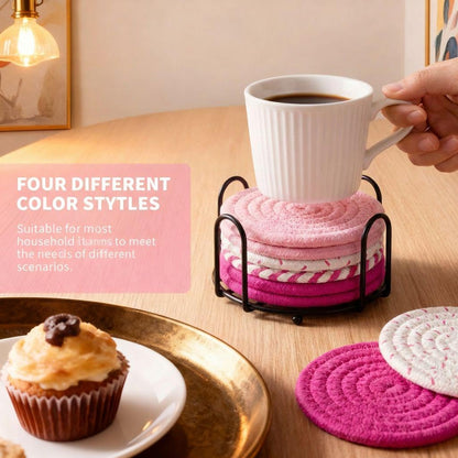 Absorbent Drink Coaster Set with Holder, Fabric Coasters for Coffee Table, Non Slip Reusable Cup Mats for Hot & Cold Drinks (Pink)