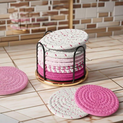 Absorbent Drink Coaster Set with Holder, Fabric Coasters for Coffee Table, Non Slip Reusable Cup Mats for Hot & Cold Drinks (Pink)