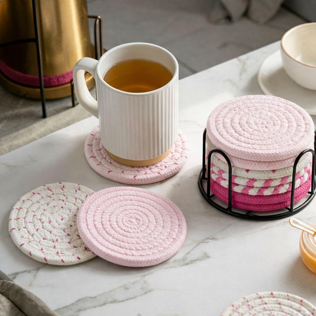 Absorbent Drink Coaster Set with Holder, Fabric Coasters for Coffee Table, Non Slip Reusable Cup Mats for Hot & Cold Drinks (Pink)