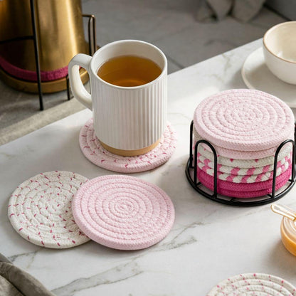 Absorbent Drink Coaster Set with Holder, Fabric Coasters for Coffee Table, Non Slip Reusable Cup Mats for Hot & Cold Drinks (Pink)
