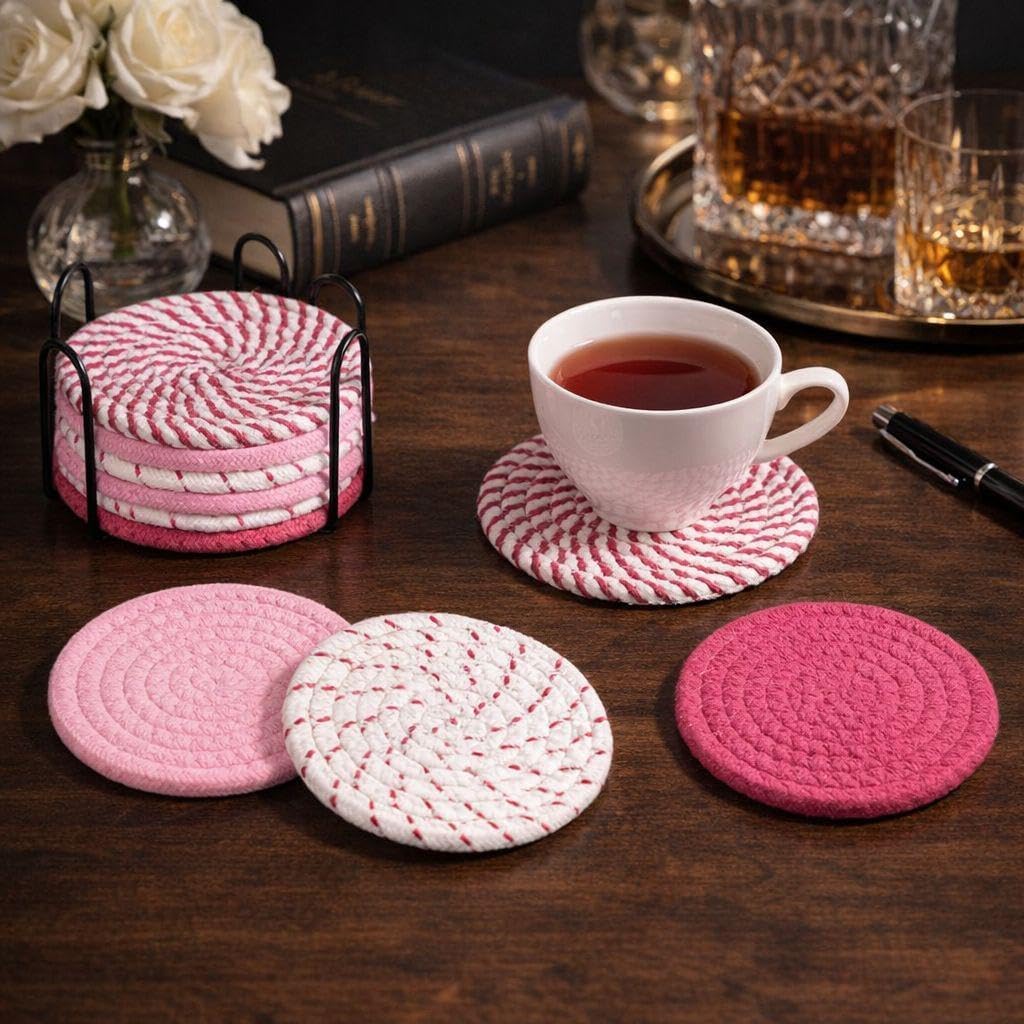 Absorbent Drink Coaster Set with Holder, Fabric Coasters for Coffee Table, Non Slip Reusable Cup Mats for Hot & Cold Drinks (Pink)