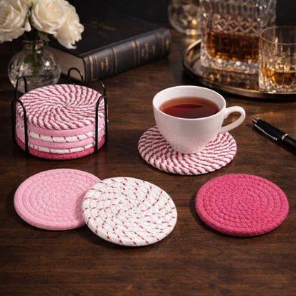Absorbent Drink Coaster Set with Holder, Fabric Coasters for Coffee Table, Non Slip Reusable Cup Mats for Hot & Cold Drinks (Pink)