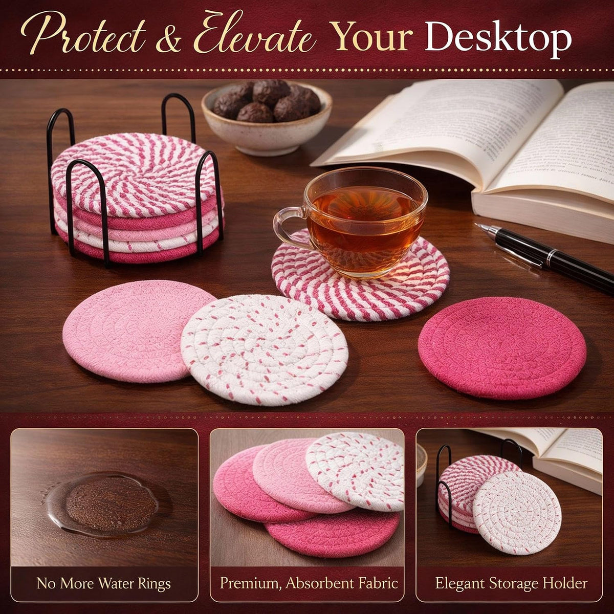 Absorbent Drink Coaster Set with Holder, Fabric Coasters for Coffee Table, Non Slip Reusable Cup Mats for Hot & Cold Drinks (Pink)