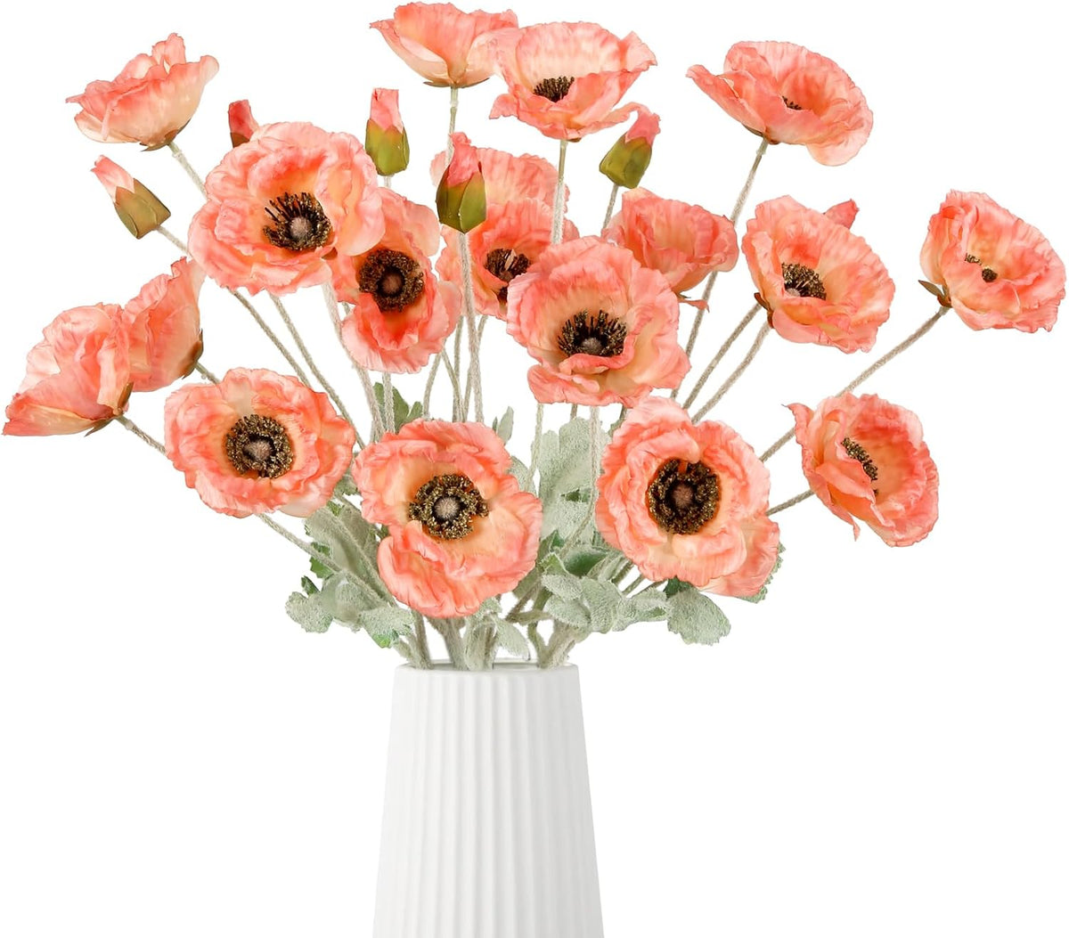 6 Stems Poppies Artificial Flowers 24" Peach Coral Faux Poppy Flowers