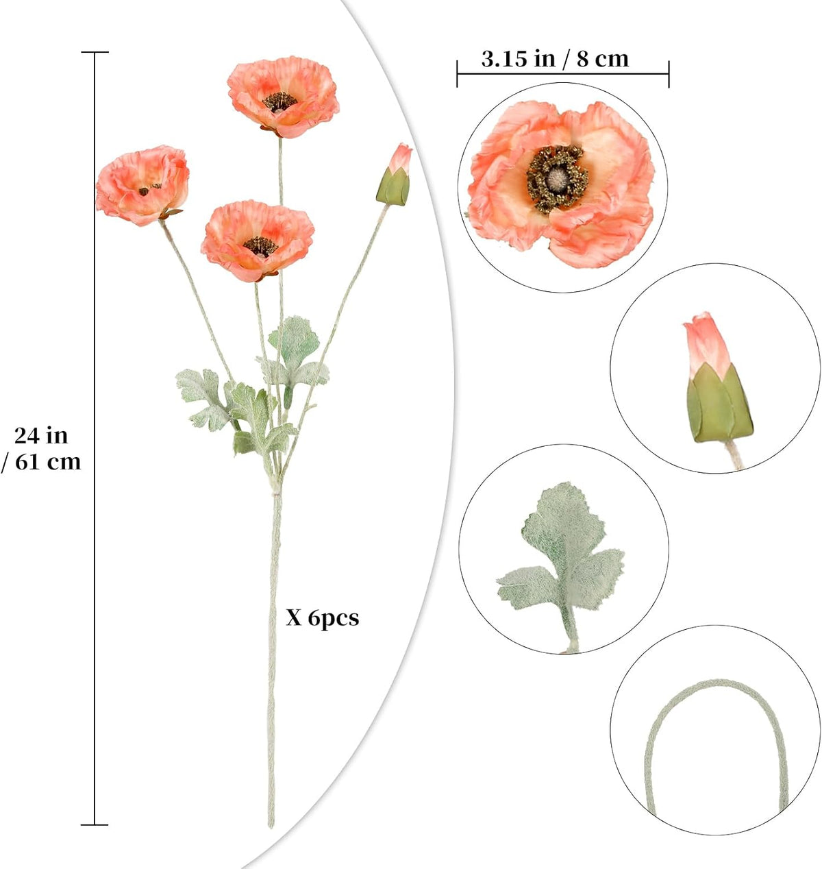 6 Stems Poppies Artificial Flowers 24" Peach Coral Faux Poppy Flowers