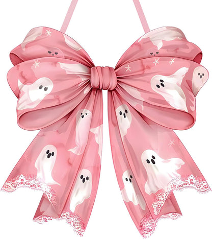 Pink Ghost Halloween Bows Wooden Door Hanging Sign Cute for Girl