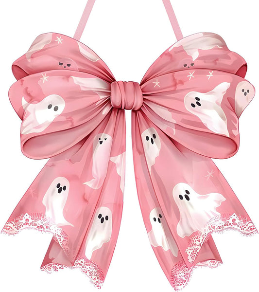 Pink Ghost Halloween Bows Wooden Door Hanging Sign Cute for Girl
