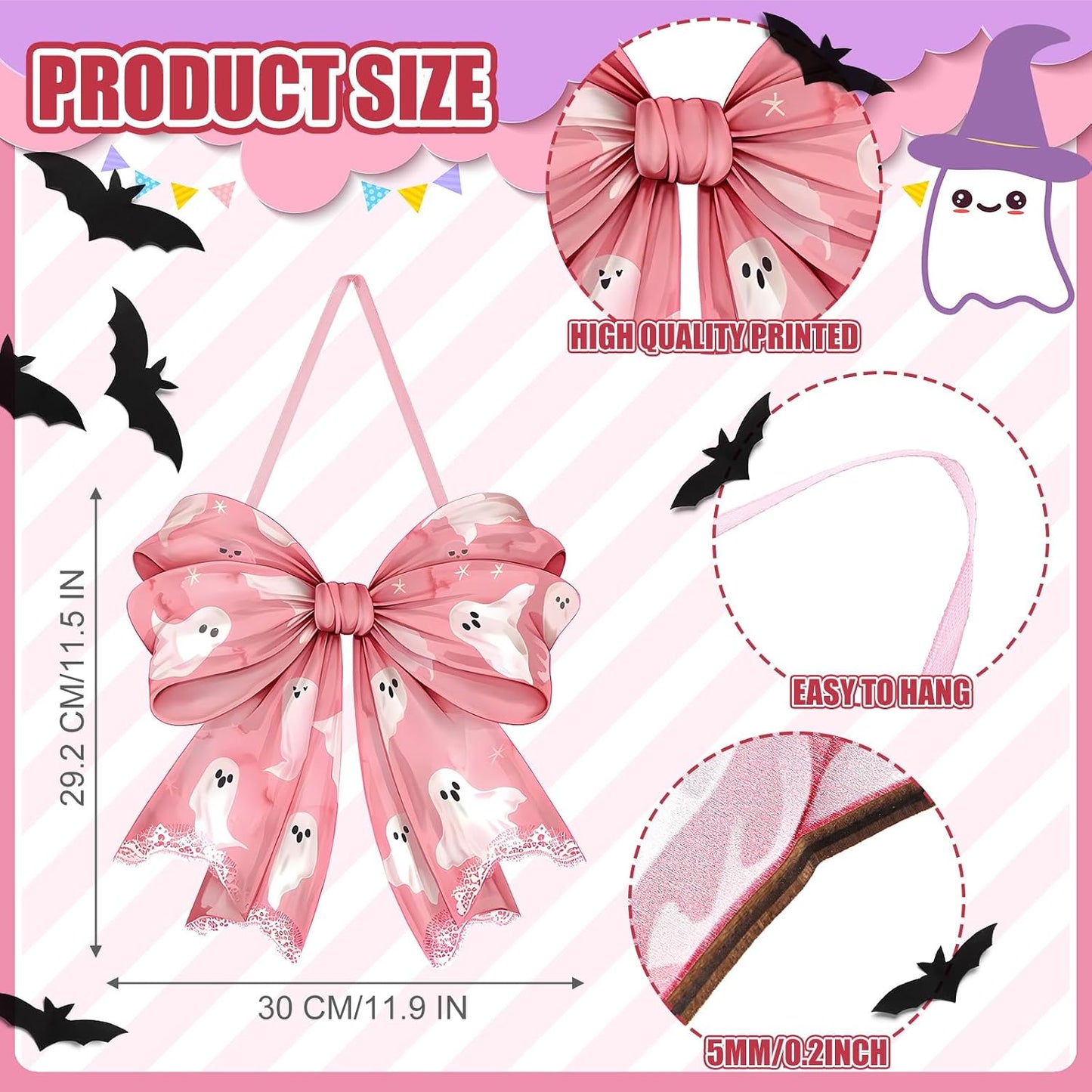 Pink Ghost Halloween Bows Wooden Door Hanging Sign Cute for Girl