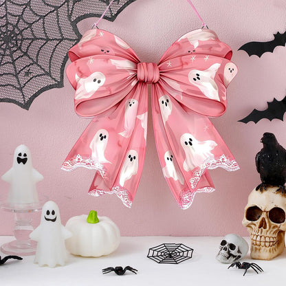 Pink Ghost Halloween Bows Wooden Door Hanging Sign Cute for Girl
