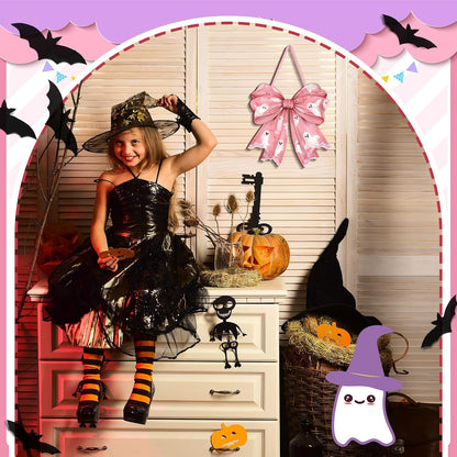 Pink Ghost Halloween Bows Wooden Door Hanging Sign Cute for Girl