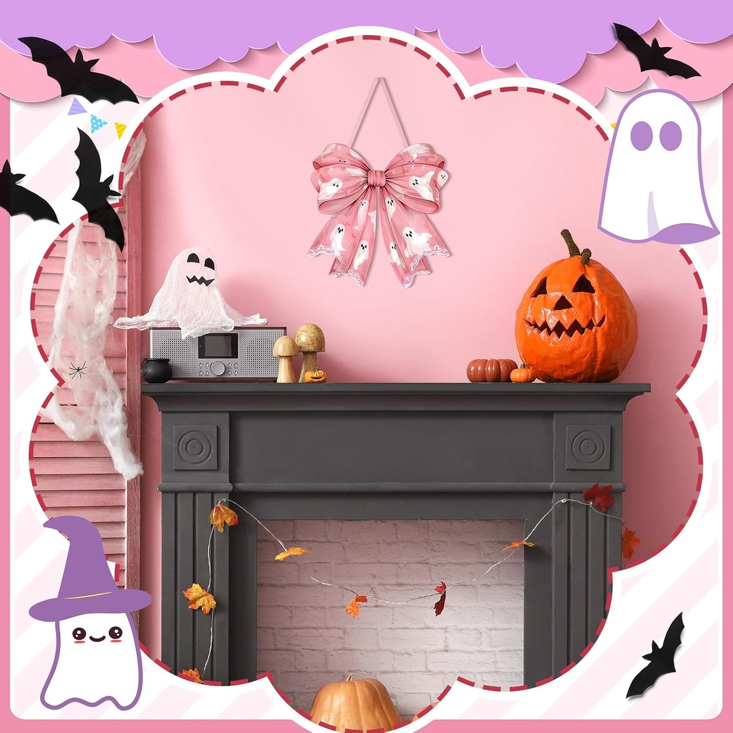 Pink Ghost Halloween Bows Wooden Door Hanging Sign Cute for Girl