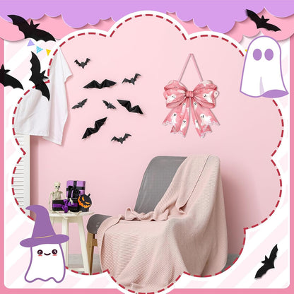 Pink Ghost Halloween Bows Wooden Door Hanging Sign Cute for Girl