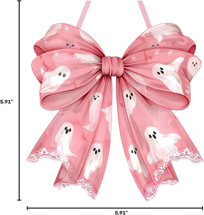 Pink Ghost Halloween Bows Wooden Door Hanging Sign Cute for Girl