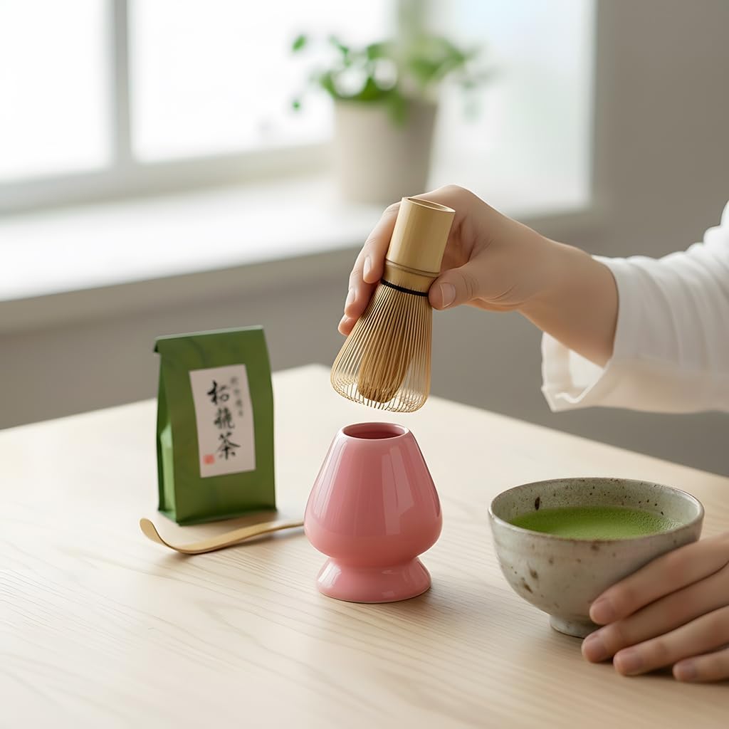 Matcha Whisk Holder – Ceramic Chasen Stand for Bamboo Matcha Whisk, Japanese Tea Set Accessory (Pink)