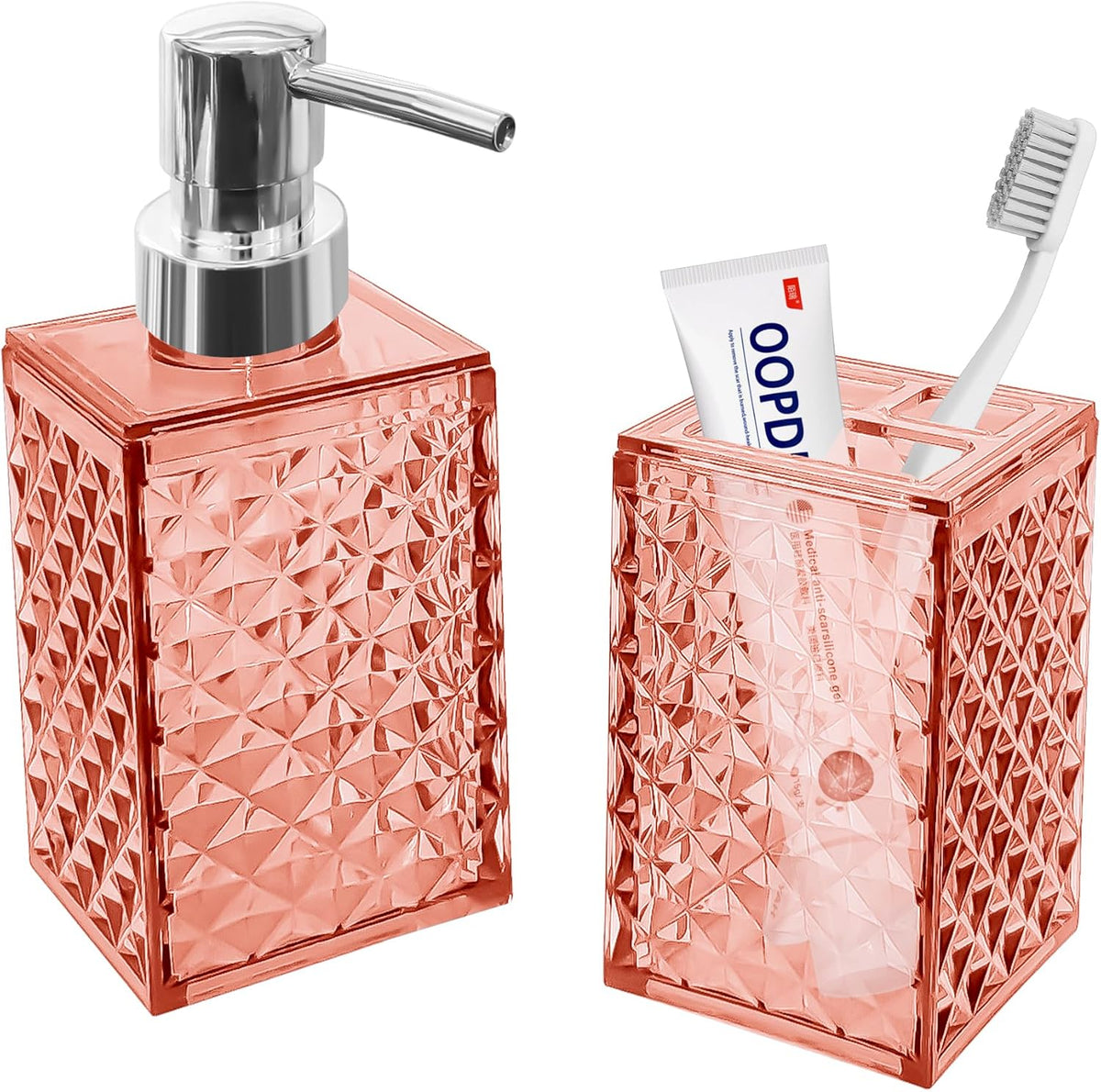 2PCS Light Pink Bathroom Accessories Set, Soap Dispenser &Toothbrush Holder