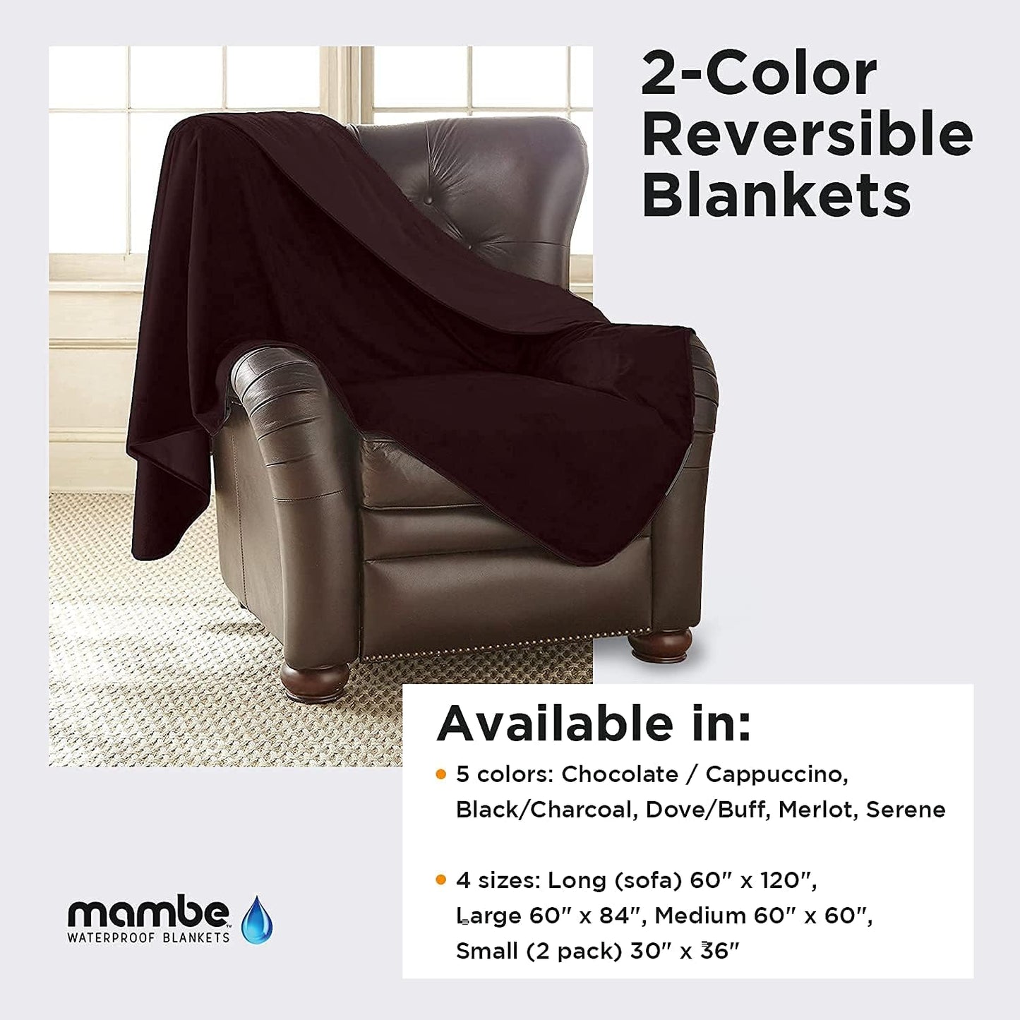 Mambe Silky Waterproof Throw for Protecting Furniture Bed Couch from Stains Caused by Dogs, Cats, Incontinence. Soft, Washable, Reversible. (Size Medium 70x70 inches, Color Merlot)