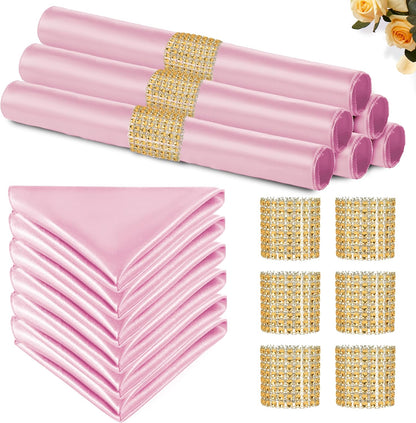 Pink Satin Napkins and Napkin Rings Set, 100 Pack, 12 x 12 Inch