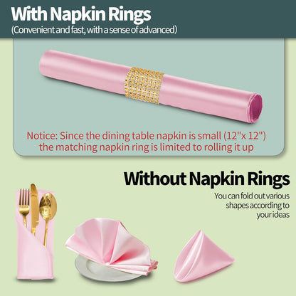 Pink Satin Napkins and Napkin Rings Set, 100 Pack, 12 x 12 Inch