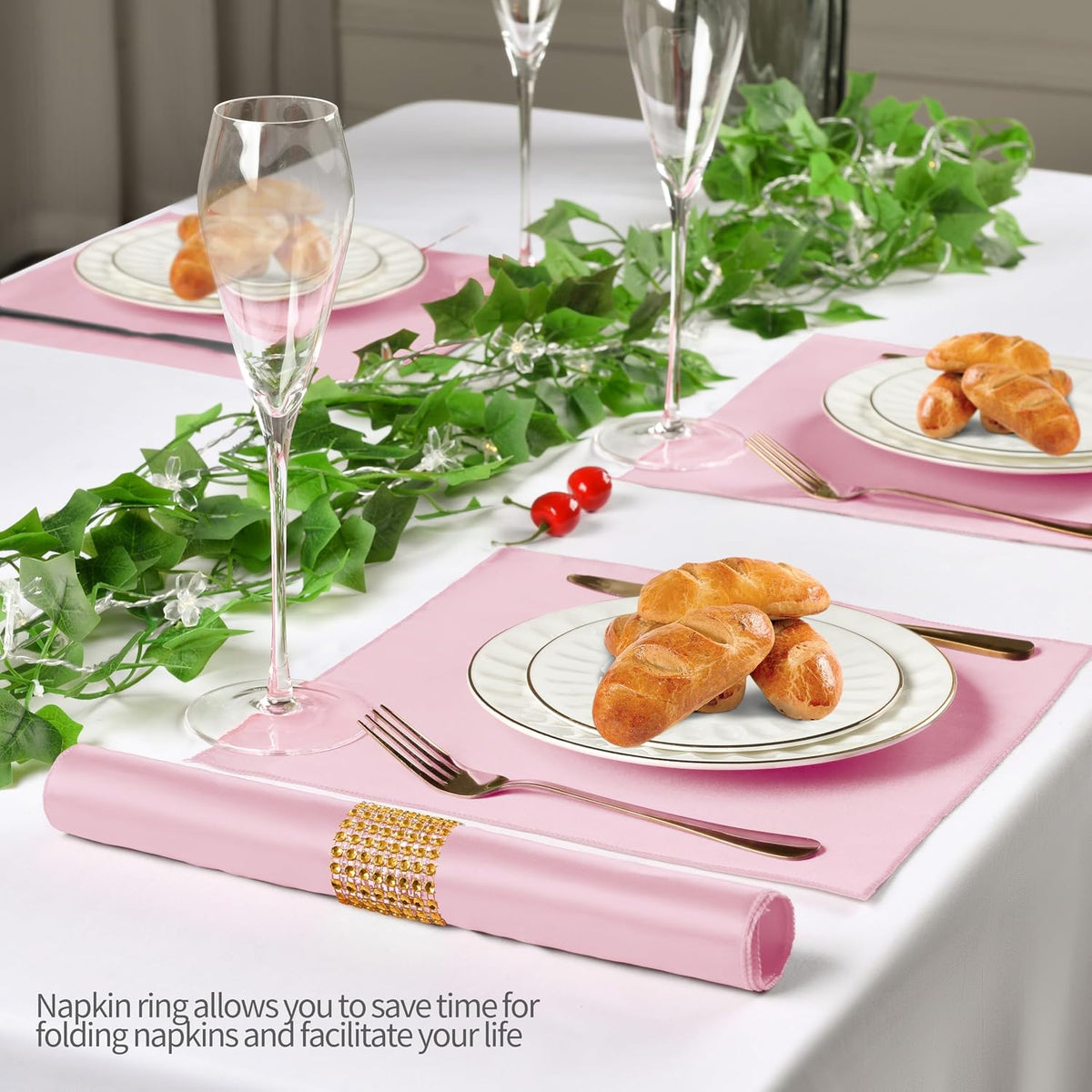 Pink Satin Napkins and Napkin Rings Set, 100 Pack, 12 x 12 Inch