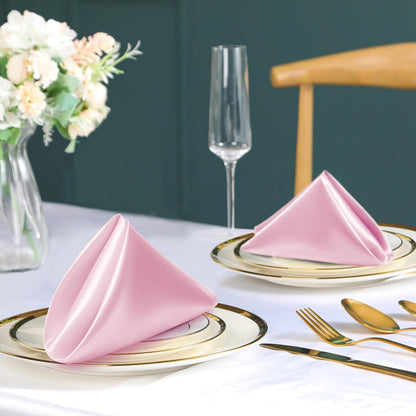 Pink Satin Napkins and Napkin Rings Set, 100 Pack, 12 x 12 Inch