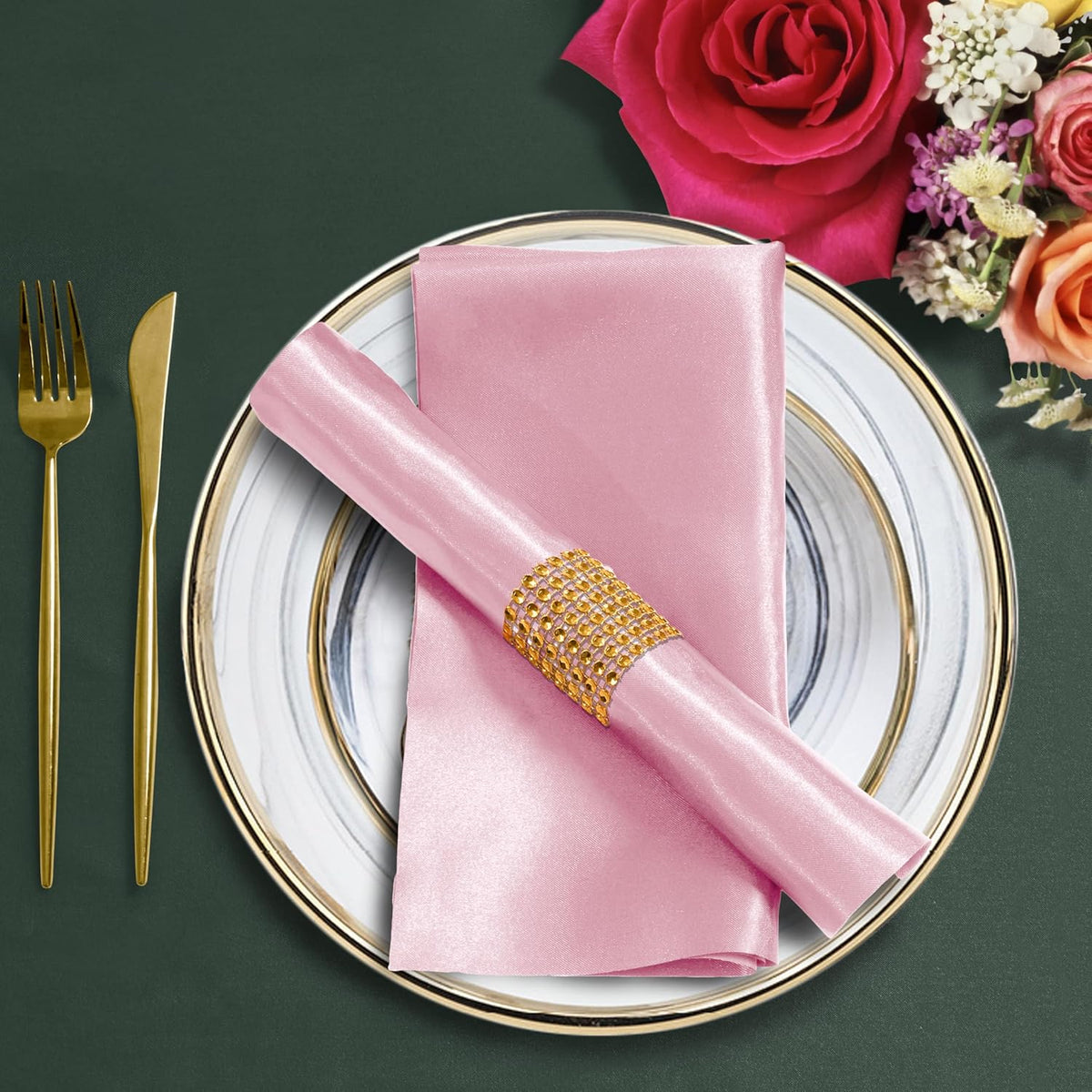 Pink Satin Napkins and Napkin Rings Set, 100 Pack, 12 x 12 Inch