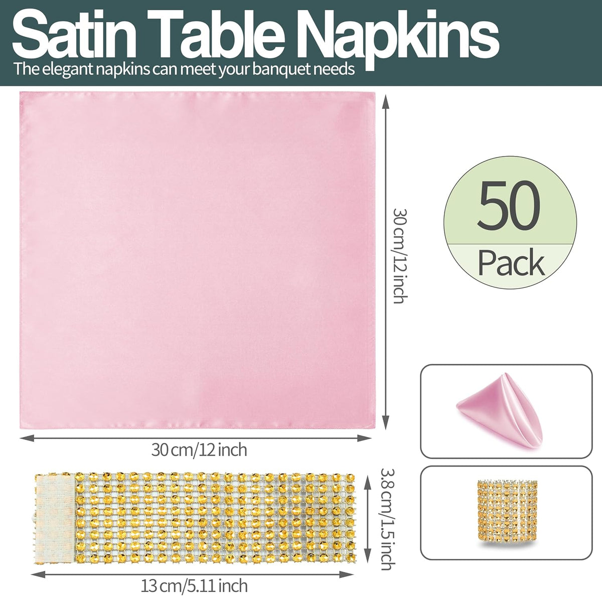 Pink Satin Napkins and Napkin Rings Set, 100 Pack, 12 x 12 Inch