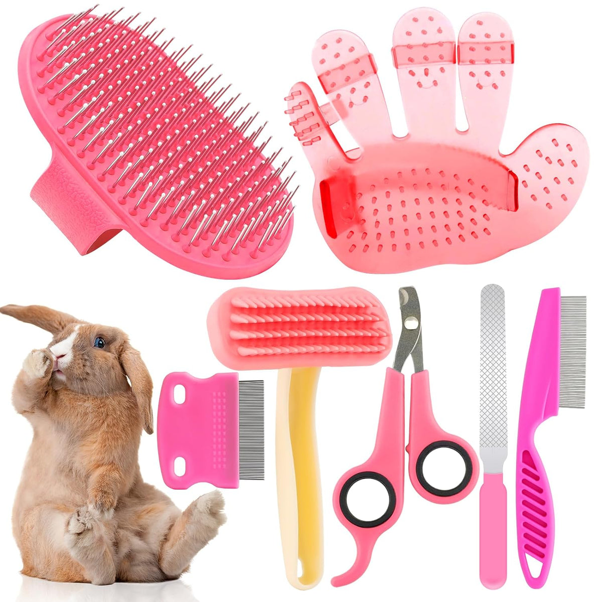 Rabbit Grooming Kit, Rabbit Brush for Shedding with Bunny Nail Clipper, Rabbit Nail Trimmers with Pet Combs for Hamster Guinea Pig Ferret (Pink)