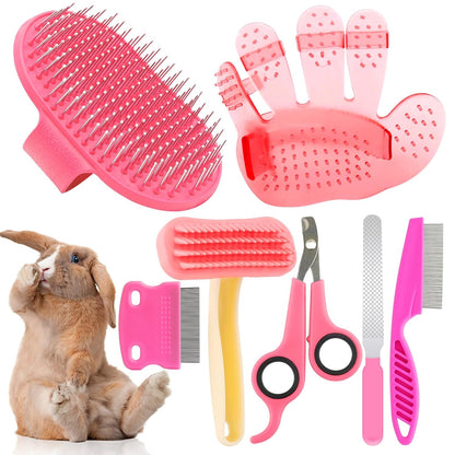 Rabbit Grooming Kit, Rabbit Brush for Shedding with Bunny Nail Clipper, Rabbit Nail Trimmers with Pet Combs for Hamster Guinea Pig Ferret (Pink)
