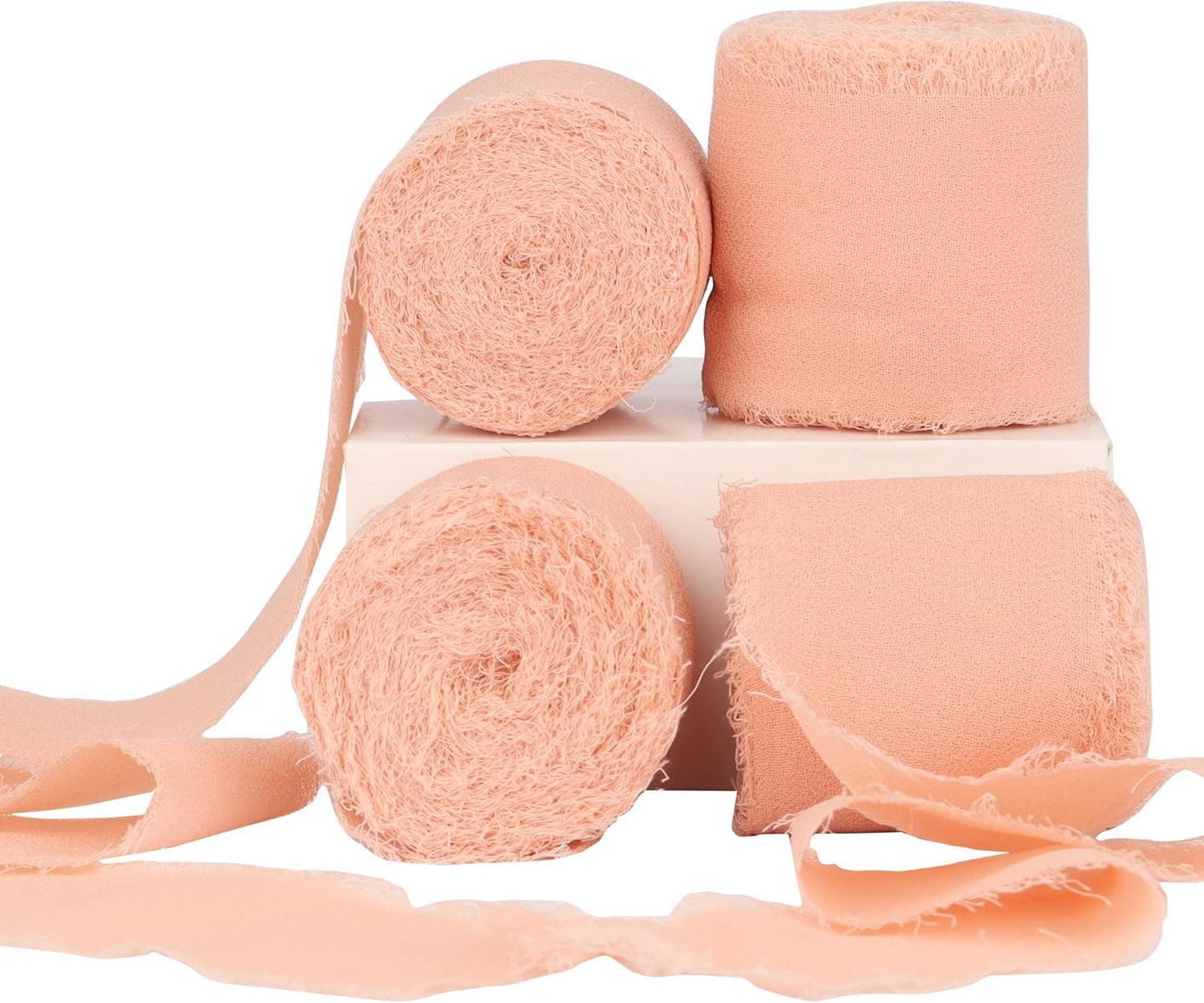 Peach Puff Chiffon Silk Ribbon - 4 Rolls, 1-1/2 Inch Wide, 21 Yards Long, Frayed Edge, Handmade Fringe, Perfect for Crafts, Weddings & Home Decor