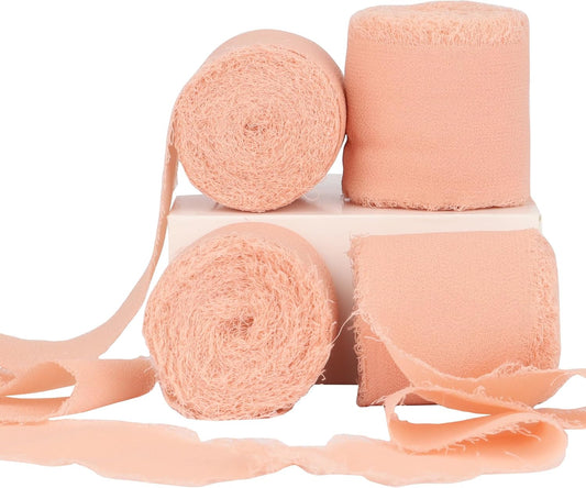 Peach Puff Chiffon Silk Ribbon - 4 Rolls, 1-1/2 Inch Wide, 21 Yards Long, Frayed Edge, Handmade Fringe, Perfect for Crafts, Weddings & Home Decor