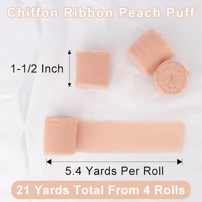 Peach Puff Chiffon Silk Ribbon - 4 Rolls, 1-1/2 Inch Wide, 21 Yards Long, Frayed Edge, Handmade Fringe, Perfect for Crafts, Weddings & Home Decor