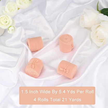 Peach Puff Chiffon Silk Ribbon - 4 Rolls, 1-1/2 Inch Wide, 21 Yards Long, Frayed Edge, Handmade Fringe, Perfect for Crafts, Weddings & Home Decor