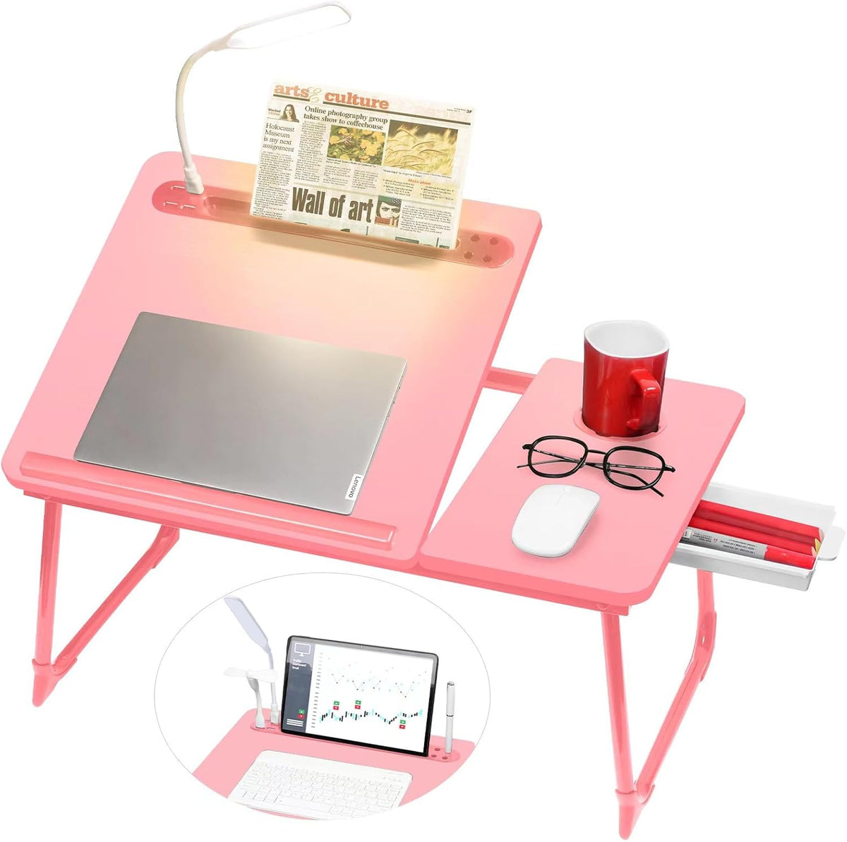 Plus XL Adjustable 17in Laptop Desk with Light, USB Port, iPad Holder, Drawer Storage - Larger 23.6IN Adjustable Lap Desk for Bed, Home Office, Breakfast Tray, Fordable Legs Desk (Pink)