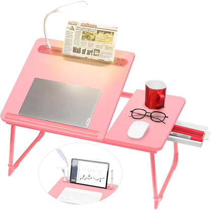 Plus XL Adjustable 17in Laptop Desk with Light, USB Port, iPad Holder, Drawer Storage - Larger 23.6IN Adjustable Lap Desk for Bed, Home Office, Breakfast Tray, Fordable Legs Desk (Pink)