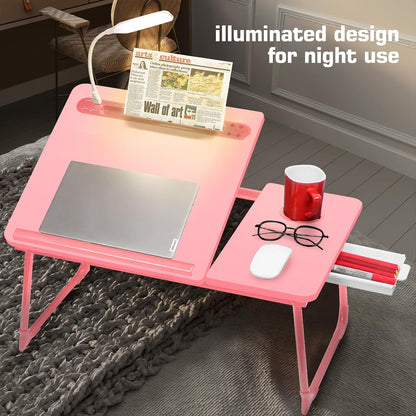 Plus XL Adjustable 17in Laptop Desk with Light, USB Port, iPad Holder, Drawer Storage - Larger 23.6IN Adjustable Lap Desk for Bed, Home Office, Breakfast Tray, Fordable Legs Desk (Pink)