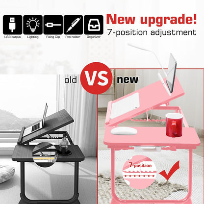 Plus XL Adjustable 17in Laptop Desk with Light, USB Port, iPad Holder, Drawer Storage - Larger 23.6IN Adjustable Lap Desk for Bed, Home Office, Breakfast Tray, Fordable Legs Desk (Pink)