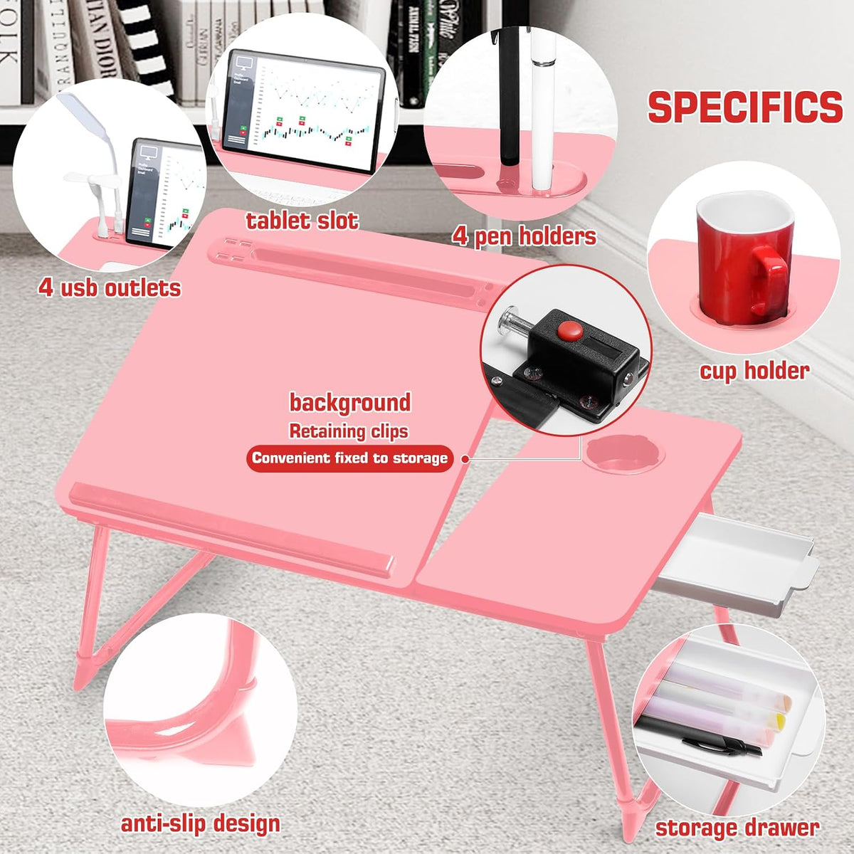 Plus XL Adjustable 17in Laptop Desk with Light, USB Port, iPad Holder, Drawer Storage - Larger 23.6IN Adjustable Lap Desk for Bed, Home Office, Breakfast Tray, Fordable Legs Desk (Pink)