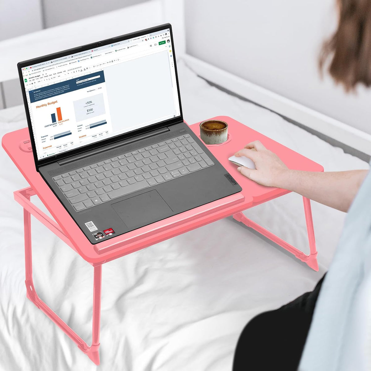 Plus XL Adjustable 17in Laptop Desk with Light, USB Port, iPad Holder, Drawer Storage - Larger 23.6IN Adjustable Lap Desk for Bed, Home Office, Breakfast Tray, Fordable Legs Desk (Pink)