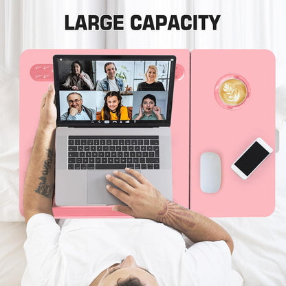 Plus XL Adjustable 17in Laptop Desk with Light, USB Port, iPad Holder, Drawer Storage - Larger 23.6IN Adjustable Lap Desk for Bed, Home Office, Breakfast Tray, Fordable Legs Desk (Pink)