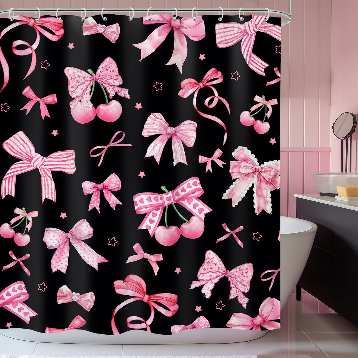 Pink Black Bow Shower Curtain 60x72 Cherry Girly Preppy Bathroom Decor